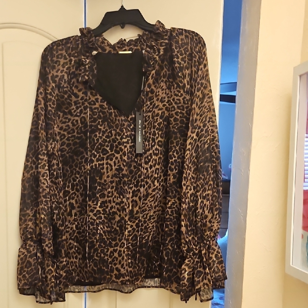 Elie Tahari Ruffled Leopard Print Long Sleeve Blouse